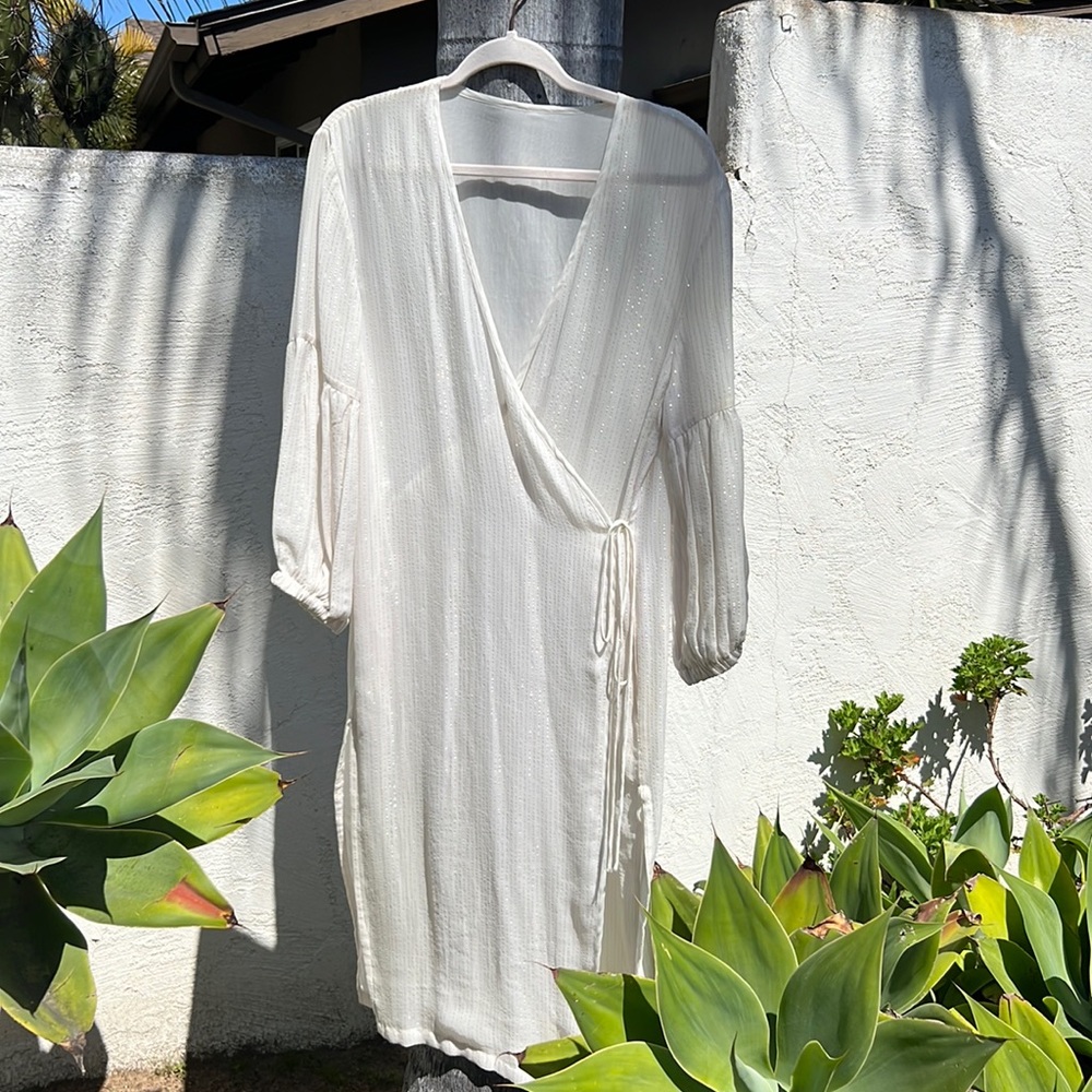 Custom silk chiffon wrap dress / duster with lurex silver and gold stripes